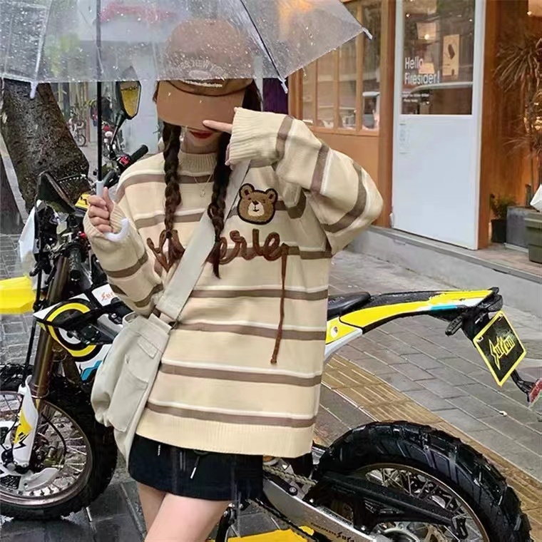 ZHELIHANGFEI Áo Sweater Tay Dài Cổ Tròn Kẻ Sọc Dễ Thương Xinh Xắn