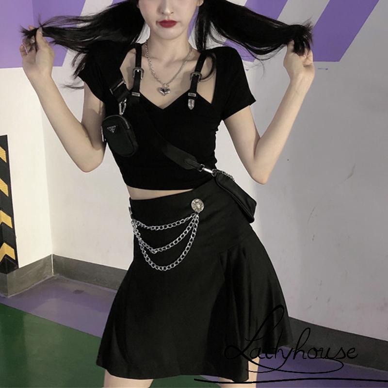 Áo Thun Croptop Tay Ngắn Cổ Chữ V Màu Sắc Trơn Phong Cách Gothic Thời Trang Mùa Hè Dành Cho Nữ