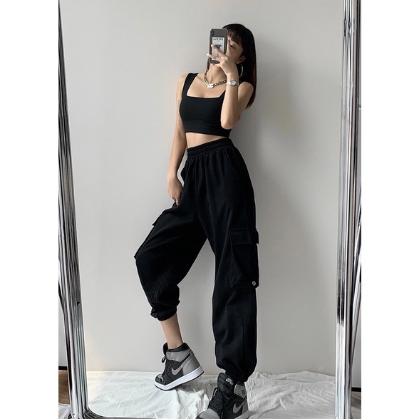 ÁO CROPTOP CỔ VUÔNG 2 DÂY QUAI TO DÁNG LỬNG ÔM BODY - ÁO KIỂU KHOÉT NÁCH ĐEN TRẮNG