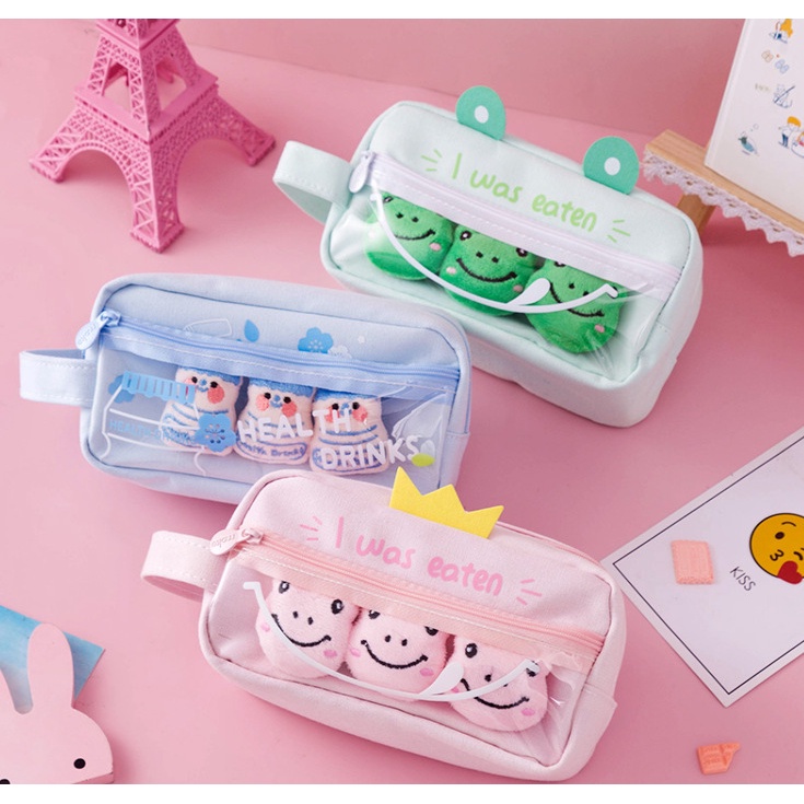 Hộp đựng bút, túi đựng bút vải i was eaten, health drinks kèm sticker bông dễ thương KT 18*9