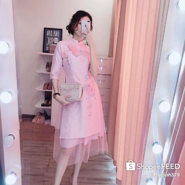 ÁO DÀI CÁCH TÂN THÊU HOA LÁ 3D KÈM VÁY