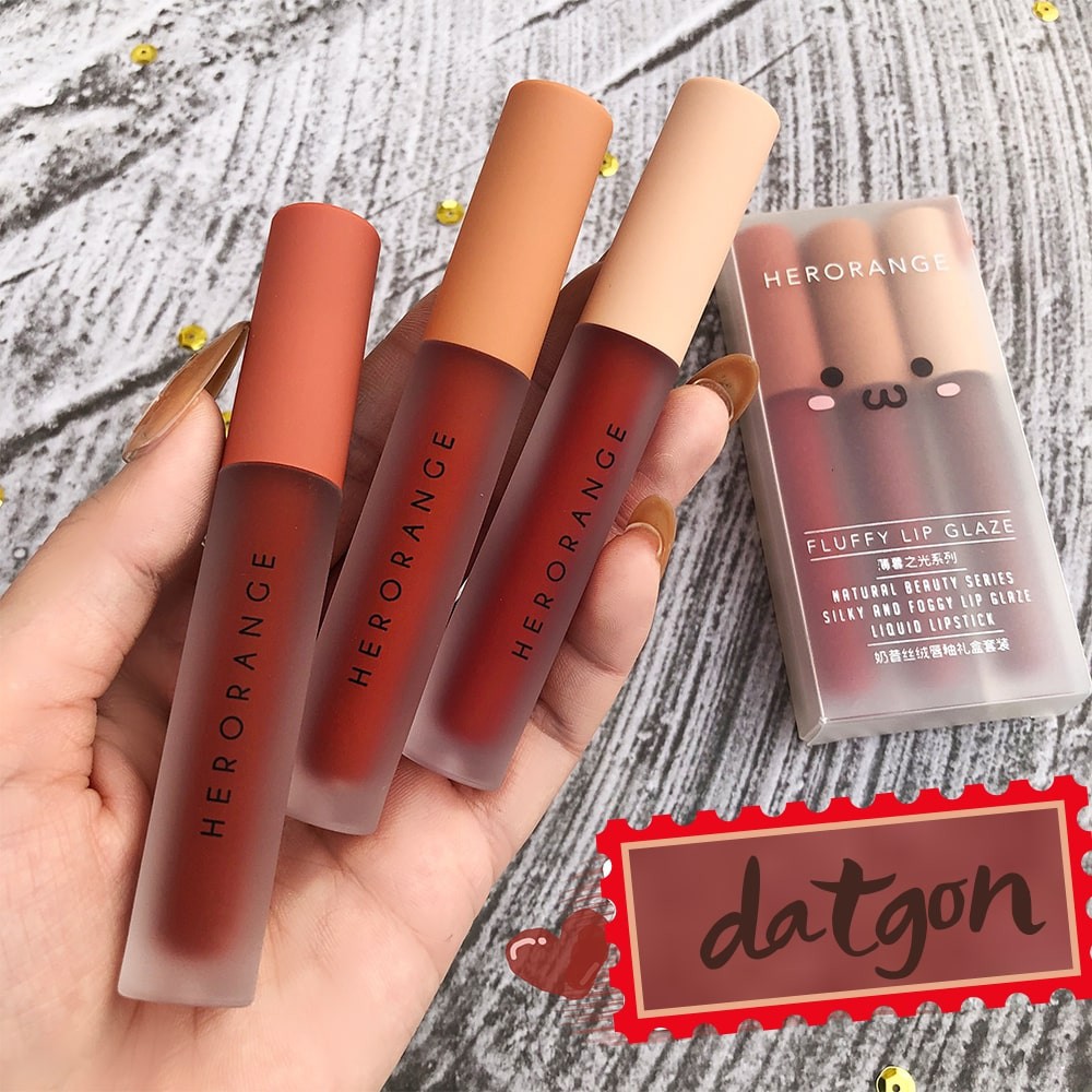 SET 3 cây SON KEM LÌ, son môi nội đ, son trang điểm, makeup mặt HERORANGE, Fluffy Lip Glaze gồm 3 thỏi 2021