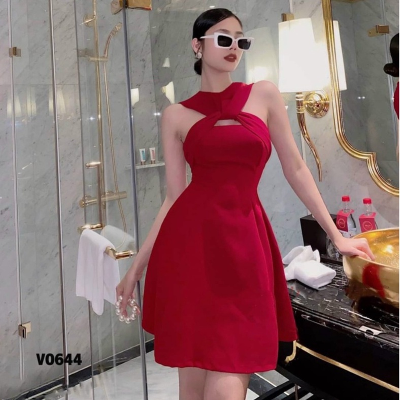 Váy đầm nữ dáng xòe cổ yếm xoắn chất umi co dãn mềm mịn (có mút)