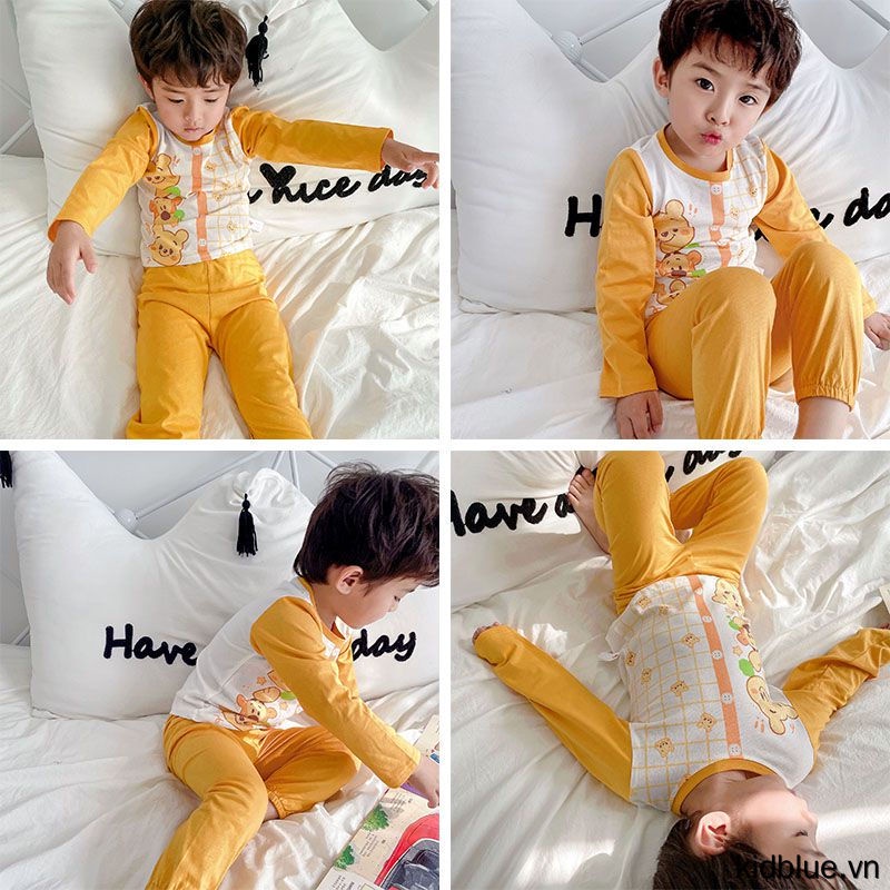 Bộ Đồ Ngủ Tay Dài Vải Cotton Phối Nút In Hoạt Hình Dễ Thương Cho Bé