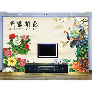 Tranh dán tường 3D hoa mẫu đơn và chim công BINBIN PT36 (Kích thước: tuỳ chọn)