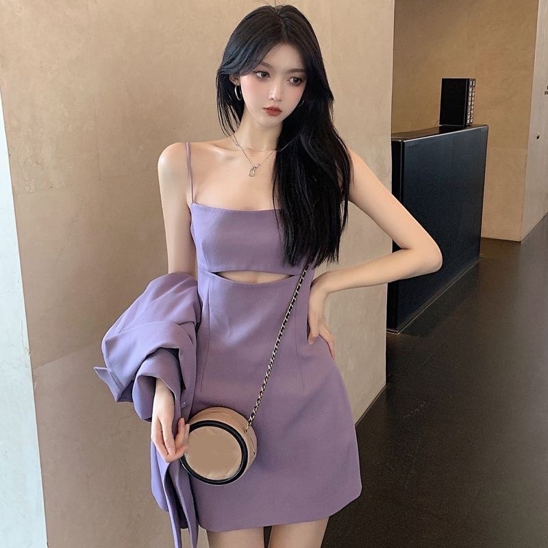 Đầm hai dây khoét eo + áo khoác blazer hai lớp hàng quảng châu