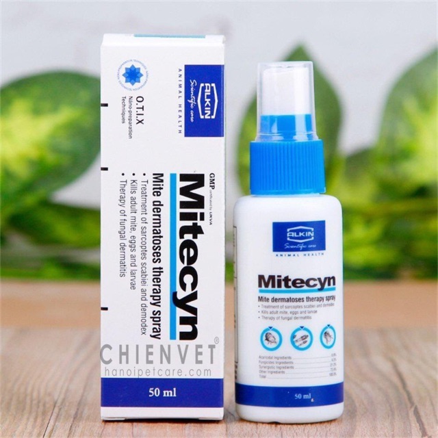 Thuốc Mitecyn trị ghẻ chó, trị viêm da cho cún bị ghẻ mức độ nhẹ của hãng Alkin Unipharma đến từ Anh Quốc.