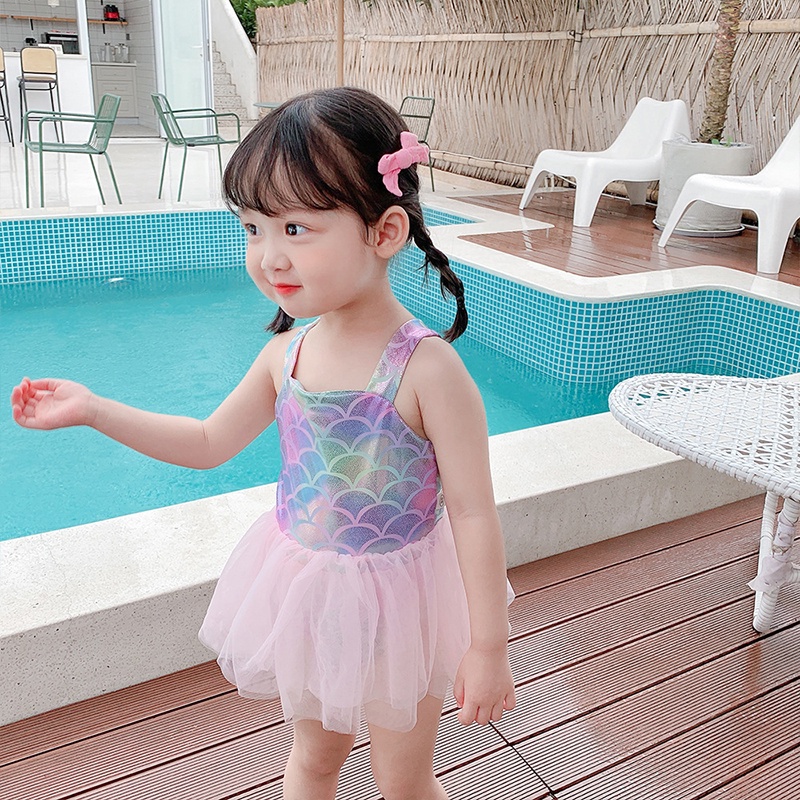 Bộ Đồ Bơi In Họa Tiết Nàng Tiên Cá Màu Cầu Vồng Dễ Thương Phong Cách Hàn Quốc Cho Bé Gái