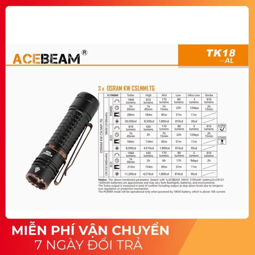 [HÀNG ĐẶC CHỦNG] Đèn pin và đèn sạc ACEBEAM TK18 - Độ sáng 3000 lumen xa 156m sử dụng pin18650 (không kèm pin)
