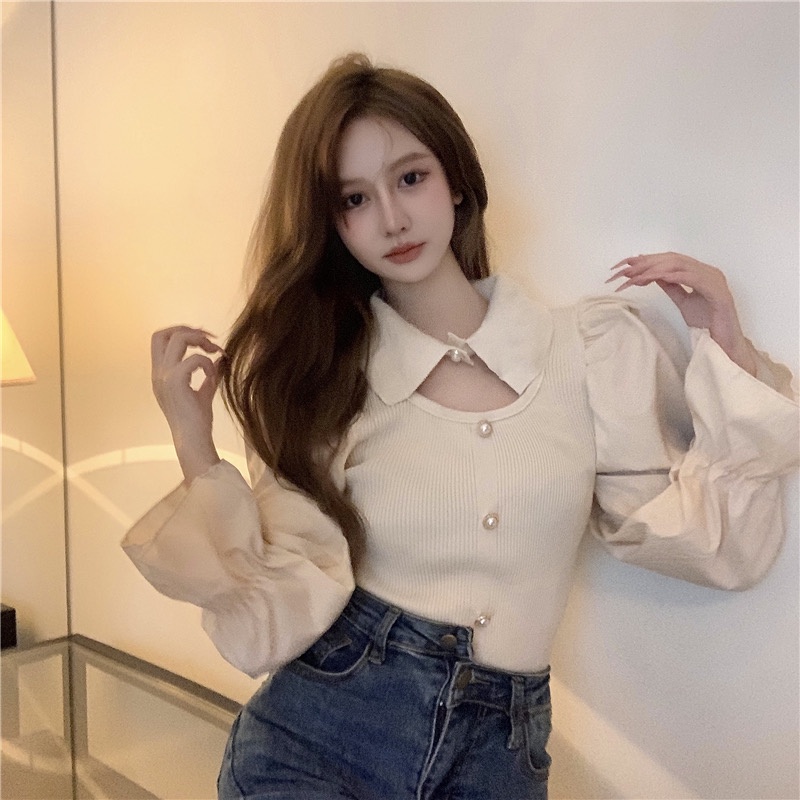 Áo sơ mi thân dệt kim tay phồng khoét cổ tiểu thư sang chảnh | BigBuy360 - bigbuy360.vn