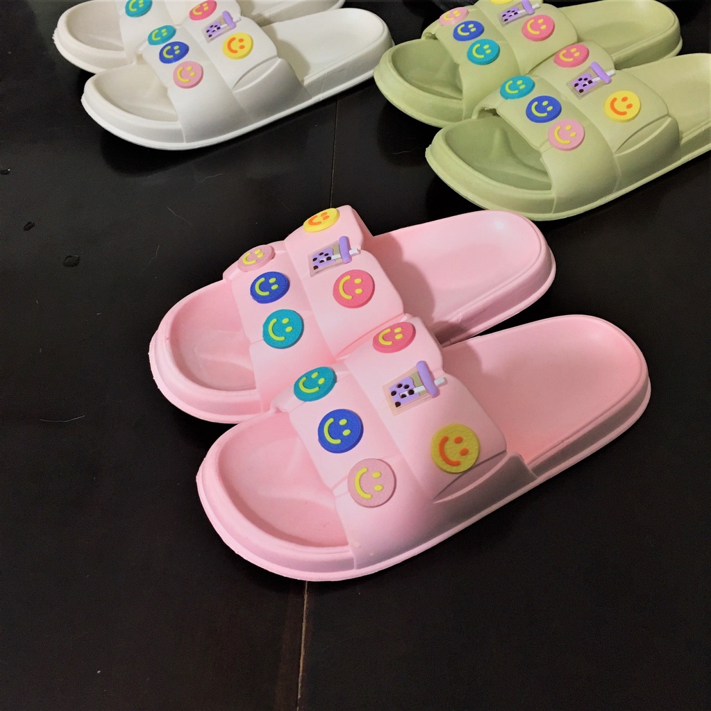 Dép nữ dễ thương, quai ngang, dép bánh mì, đế cao, sticker, hình dán, trà sữa, hồng, xanh bơ, êm chân, size lớn, slipper