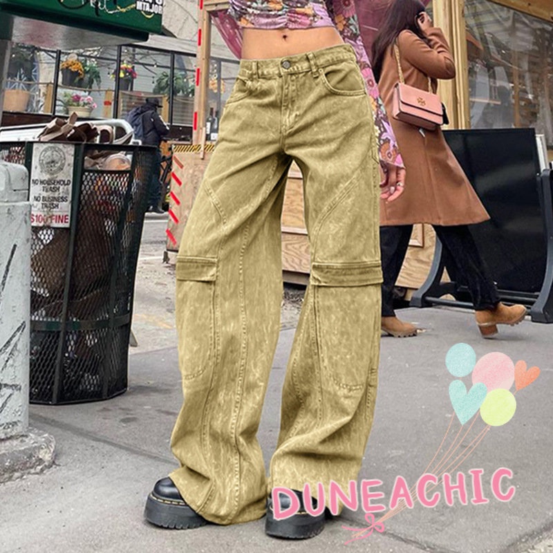 DUNEA Quần Denim Ống Rộng Phối Túi Phong Cách Vintage Cho Nữ
