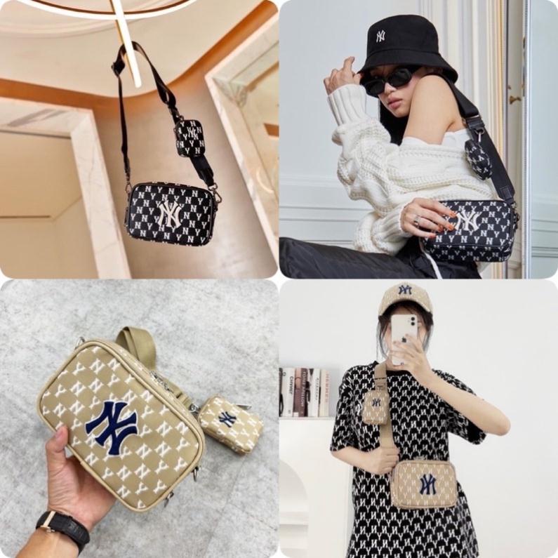 Túi MLB 2 ngăn vân chữ nhỏ dây bản to kèm ví size 20 hàng QC cao cấp