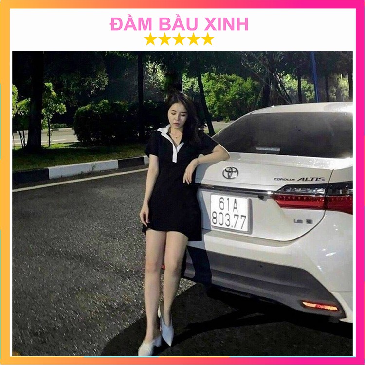 Đầm Polo Dáng Ôm Màu Đen Phối Cổ Trắng Váy Polo Ngắn Tay Dự Tiệc Đi Chơi