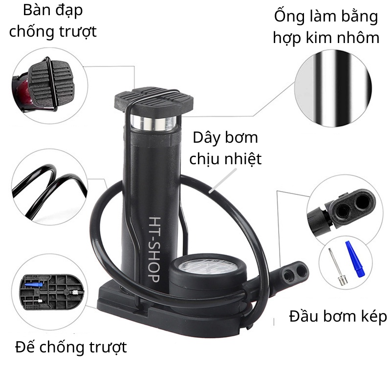 Bơm Đạp Chân Mini Xe Đạp Xe Máy Tiện Dụng Nhỏ Gọn 160 PSI Có Đồng Hồ Đo Áp Suất Tặng Kèm Kim Đệm Khí