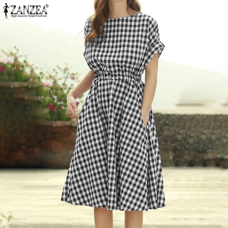 Đầm xòe ZANZEA ngắn tay kẻ sọc caro thời trang cho nữ