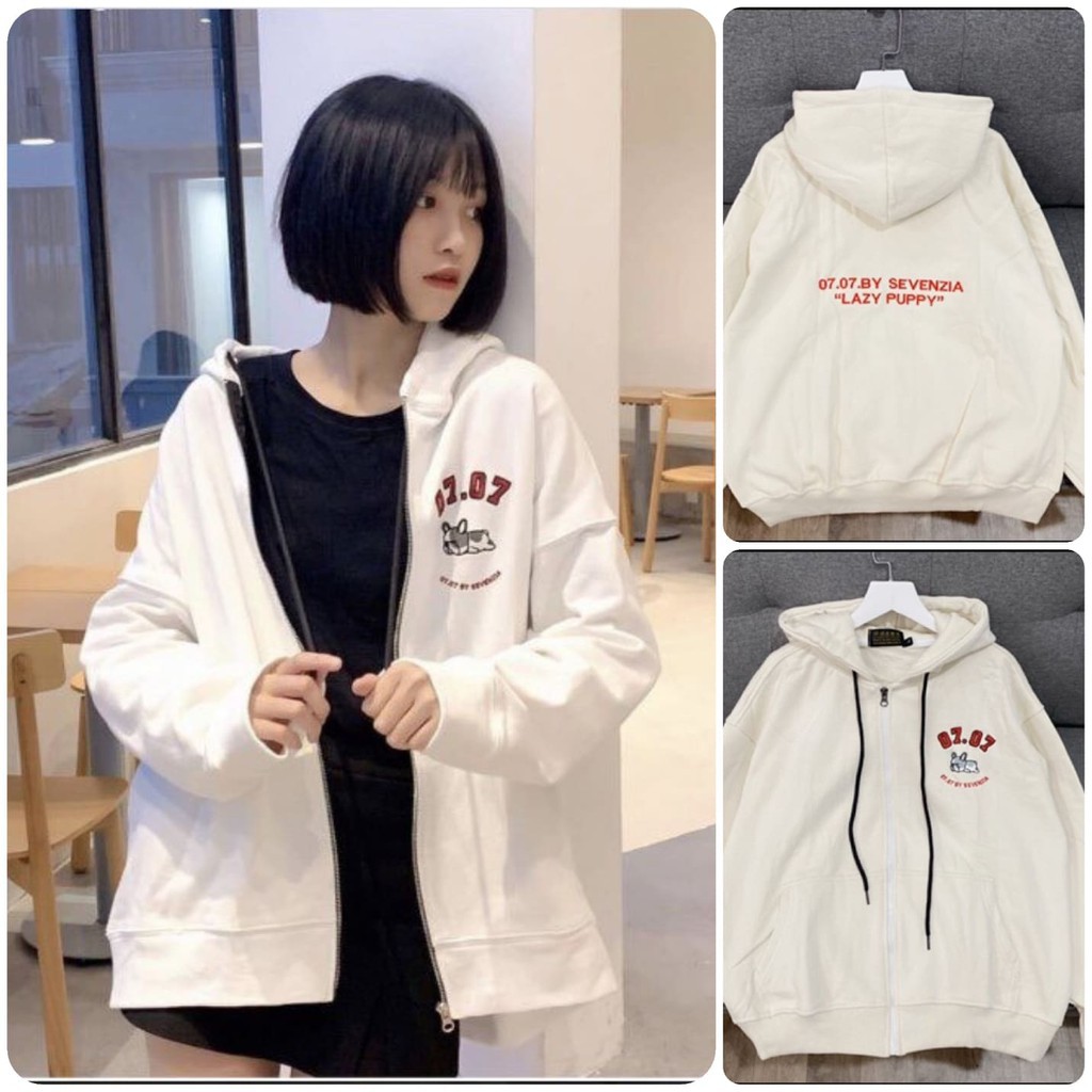 Áo Khoác Hoodie Nỉ Thun Dây Kéo Form Rộng Thêu Logo Cún Puppy Unisex