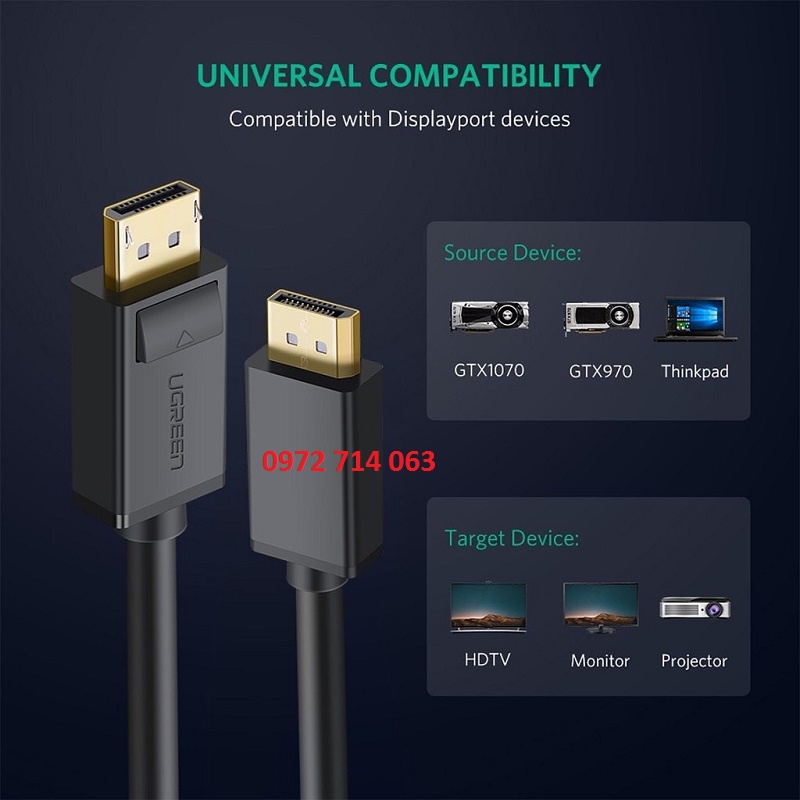 Dây cáp Displayport 2 Đầu Đực Ugreen DP102 - Support 4K*60Hz - Hàng Chính Hãng, Bảo Hành 18T Đổi Mới