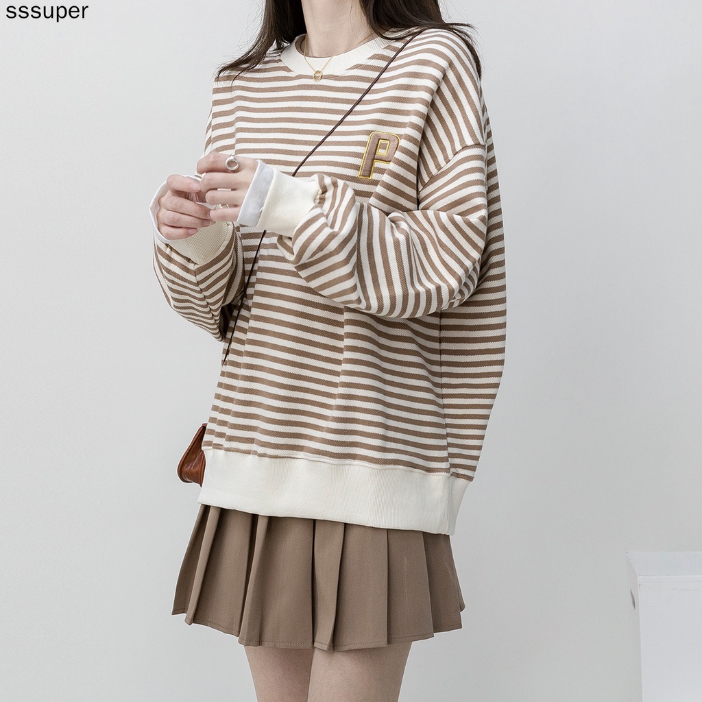 Áo sweater họa tiết kẻ sọc ngang hai màu cổ tròn thêu họa tiết thời trang cho nữ