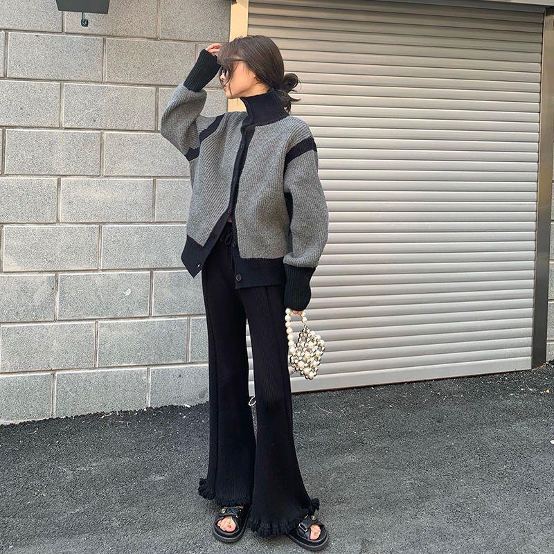 Quần Dài Dệt Kim Ống Rộng Lưng Cao Màu Đen Thời Trang Thu Đông Cho Nữ