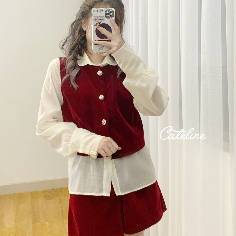 Set sơ mi nữ Cateline cổ bèo voan gile short nhung tiểu thư sang chảnh - SCL007 | BigBuy360 - bigbuy360.vn