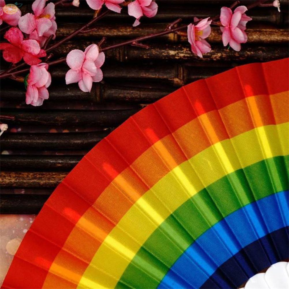 【VARSTR】Rainbow Folding Fan Rainbow Print Hand Held Fan White Base Pride Fan Fold