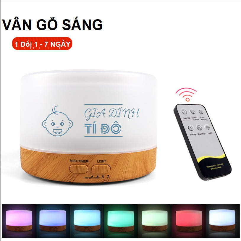 Máy xông tinh dầu, Phun Sương Bủ Ẩm Dùng Sóng Nano Vân Gỗ 500ml Đèn Led 7 Màu Có Remote Điều Khiển Từ Xa