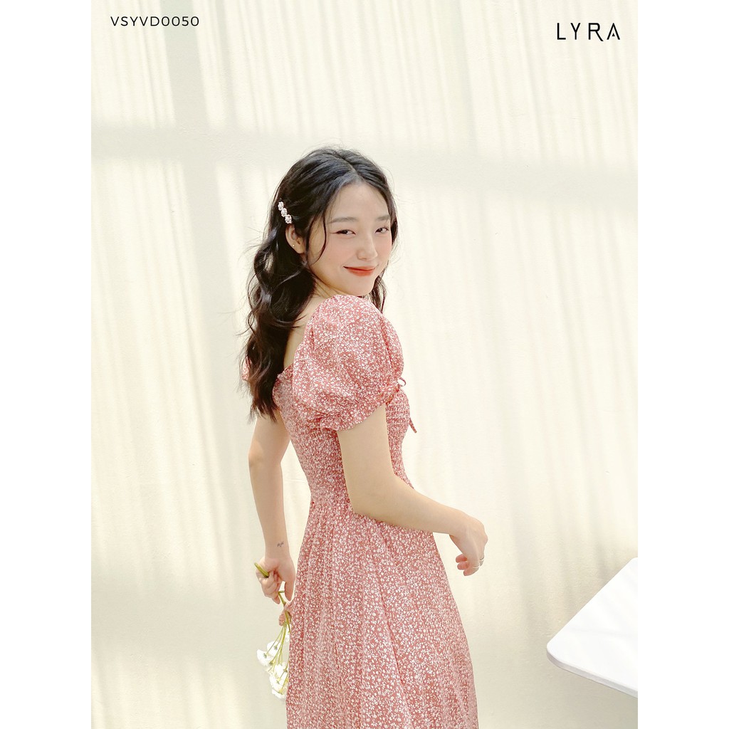 Váy hoa nhí nữ LYRA, vải voan dáng xòe cổ vuông chun thân phong cách vintage nữ tính, xinh xắn-VSYVD0050