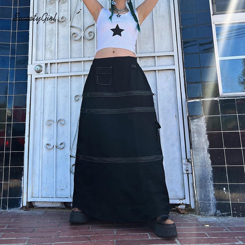MsMona SweetyGirl Women's 2022 Fashion Contrast Color Green Low Waist Zipper Pocket Removable Cargo Slim Fit Street All Match Maxi Skirts
