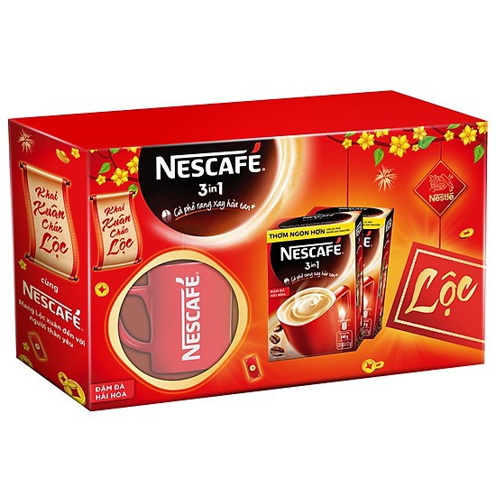 combo 2 Hộp quà Tết NESCAFÉ 3in1 Cà phê rang xay hòa tan Đậm đà hài hòa với ly sứ đỏ (2 hộp x 20 gói x 17g)