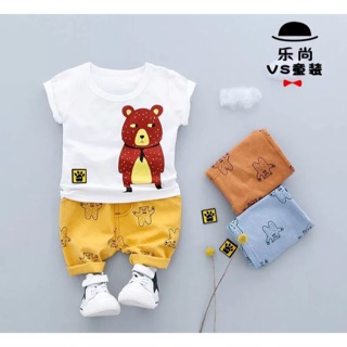 Bộ hè bé trai áo gấu quần thô lửng