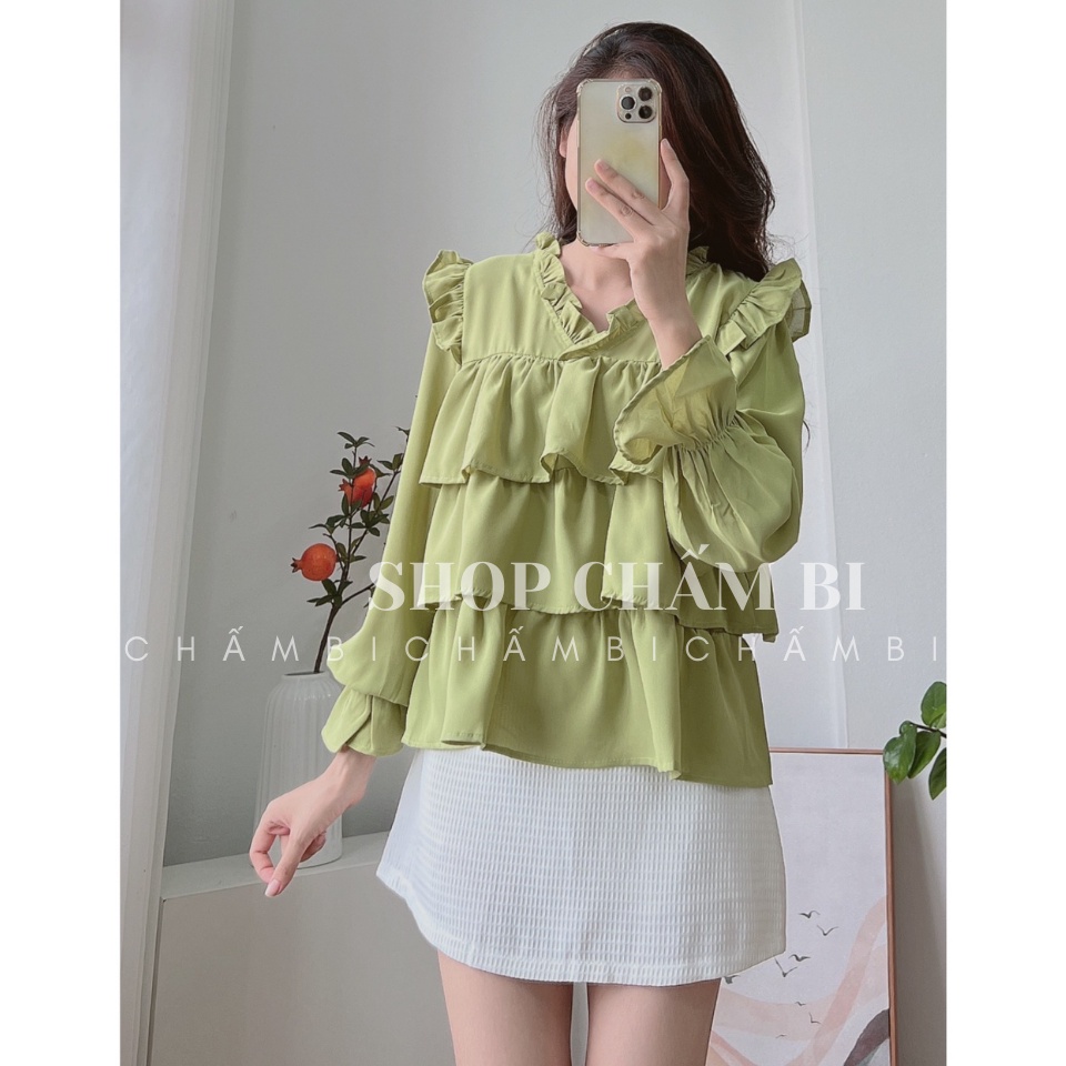 Áo kiểu nữ bánh bèo A.290, Áo sơ mi babydoll dài tay 3 tầng bèo xòe tay bo bèo nhẹ cổ tim cách điệu ngọt ngào cực xinh