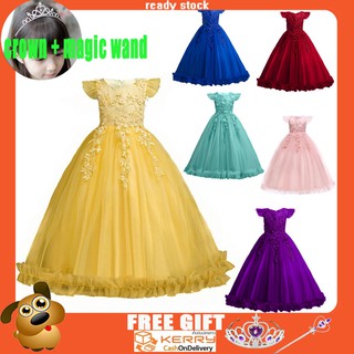 Lace Girl Lace Bow Kids Princess Wedding Birthday Long Tulle Princess Gown Dress