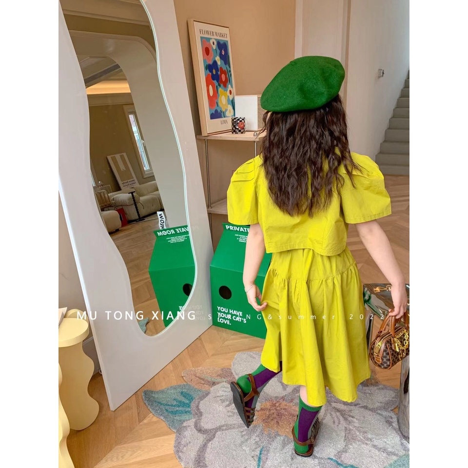 Set áo tay bồng quần ông sớ rộng xanh cốm và vàng XHN900