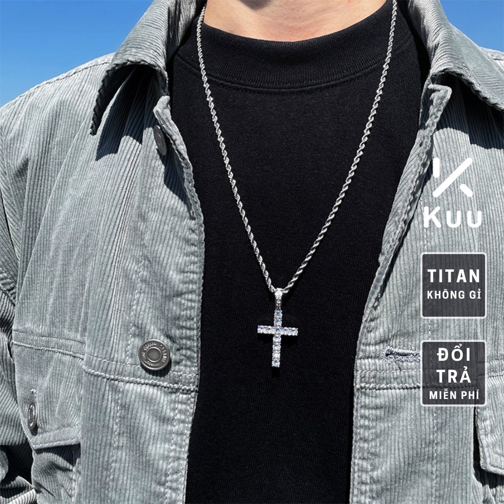 Dây Chuyền Nam Mặt Chữ Thập Đính Đá Siw Chain Kuu Studio Màu Bạc Đẹp Cao Cấp - Vòng Cổ Nam Ice Cross Chất Liệu Titan