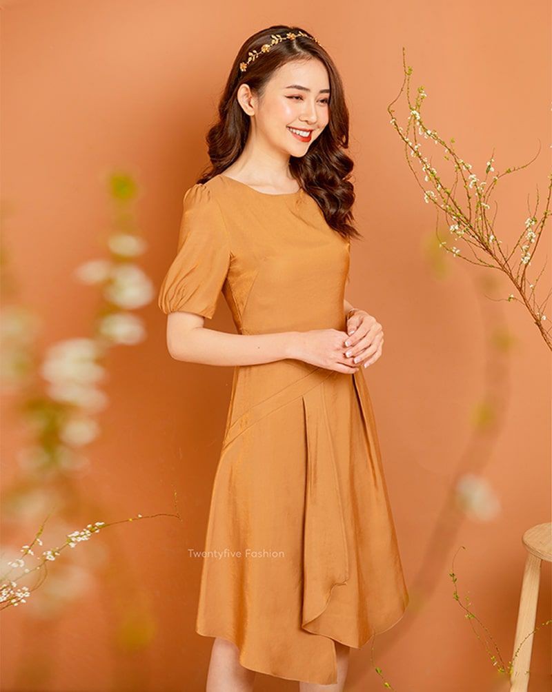 Đầm nữ dự tiệc đắp tà dáng ôm cổ tròn tay bồng Twentyfive N2100