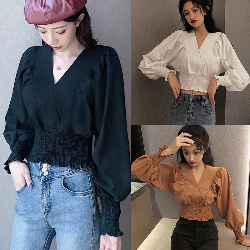 Áo kiểu dài tay cổ chữ V màu trơn gợi cảm cho nữ