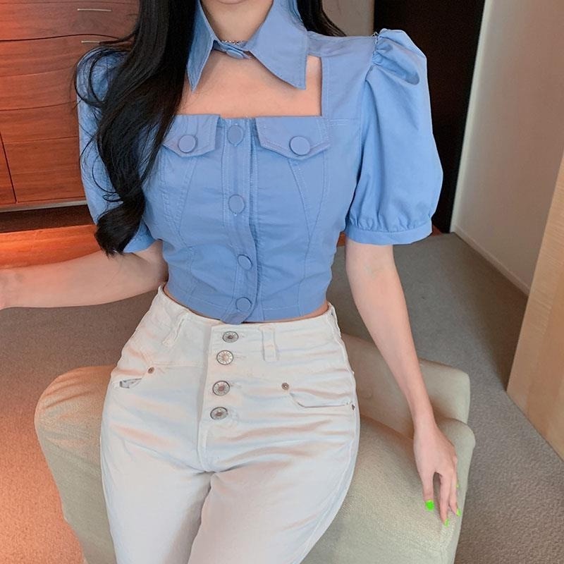 Áo Sơ Mi Tay Ngắn Phồng Phong Cách Retro Thời Trang Mùa Hè Cho Nữ