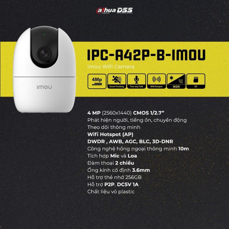 Trợ giá++Wifi 4MP IPC-A42P-B-iMOU (2K) Full HD Còi Hú Báo Động Độ nét cao