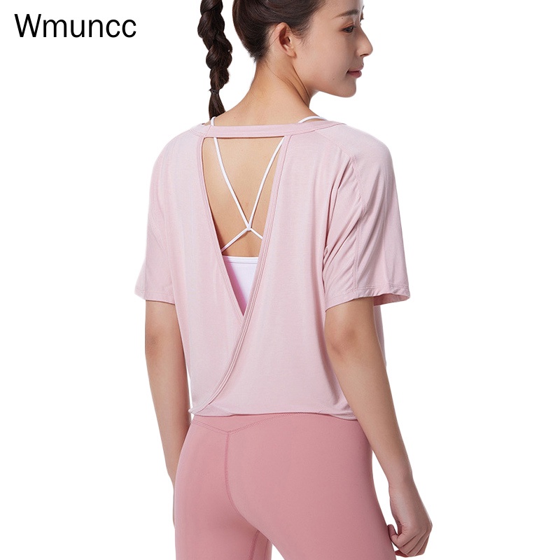 Wmuncc Đồ tập gym Tay Ngắn Dáng Rộng Thiết Kế Hở Lưng Thời Trang Quyến Rũ Cho Nữ
