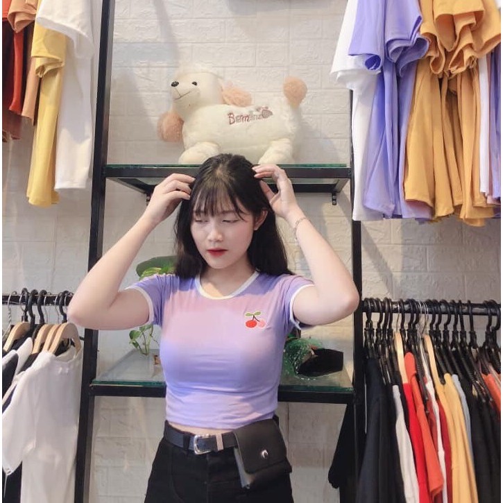 ÁO THUN CROPTOP ÔM BODY NGẮN CO GIÃN - ÁO KIỂU CRT ULZANG NGẮN TAY CỔ TRÒN THÊU HOA CHERRY NHỎ 69