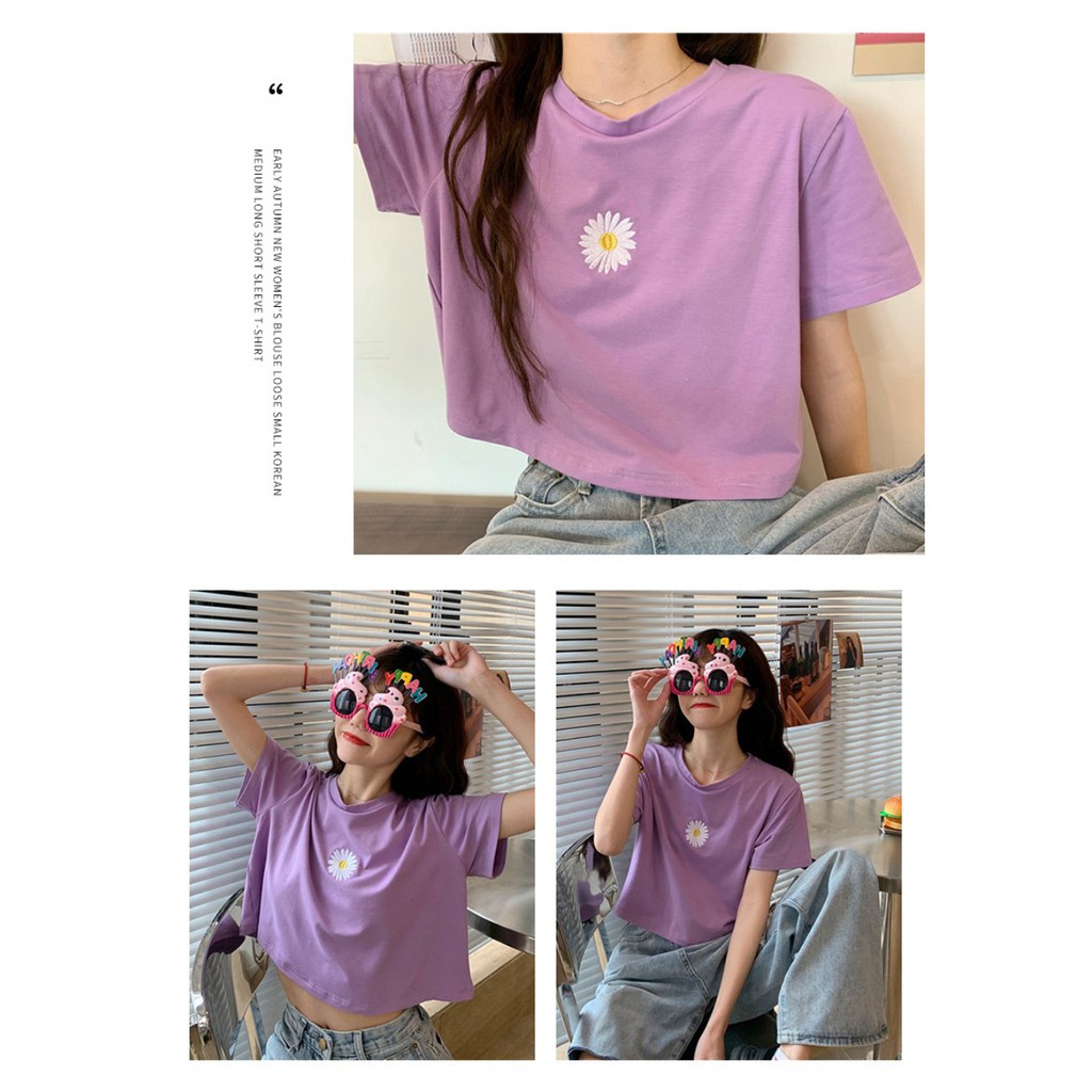 ÁO THUN NỮ CROPTOP TAY NGẮN CỔ TRÒN THÊU HÌNH BÔNG CÚC NHỎ XINH XẮN KIỂU HÀN 2020 PF309A | BigBuy360 - bigbuy360.vn