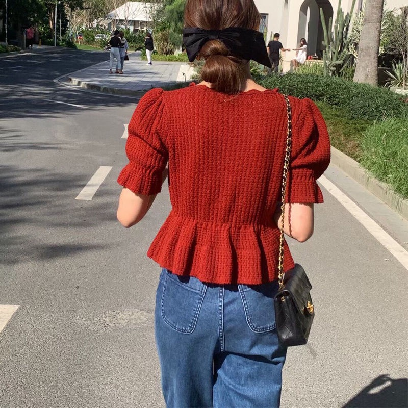 Áo Dệt Kim Tay Ngắn Phồng Phong Cách Hàn Quốc Thời Trang Cho Nữ