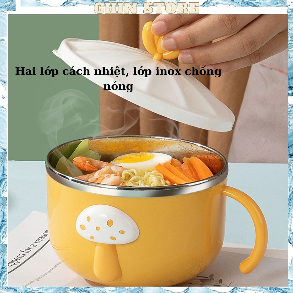 Tô ăn mì Bento inox 304 hai lớp chống nóng, cách nhiệt cao cấp có nắp và tay cầm hình nấm dễ thương 1000ml