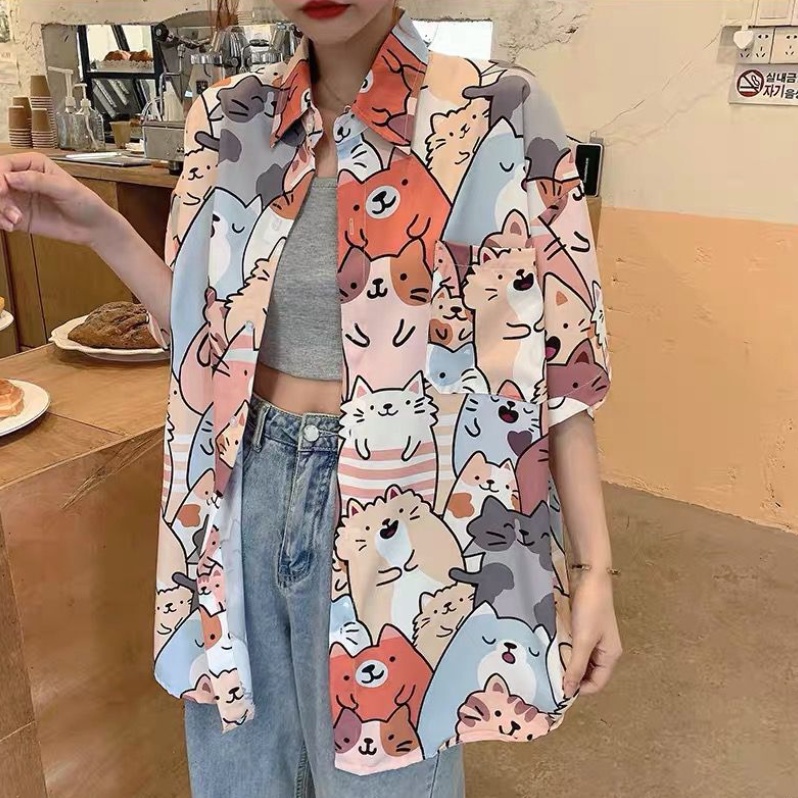 Áo sơ mi, áo sơ mi nam nữ unisex in hình mèo cute, chất vải poly mềm mát trẻ trung, cá tính MÃ-QC5