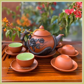 [Bát Tràng] Bộ Ấm Chén Tử Sa Đắp Nổi Hoa Phù Dung