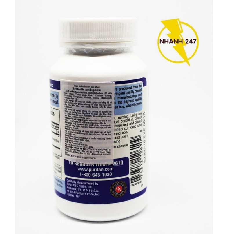 Viên uống bổ sung lợi khuẩn Puritan's Pride Probiotic Acidophilus 100 viên
