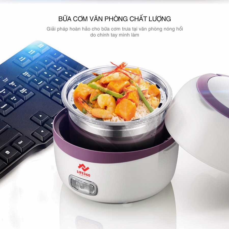 Hộp cơm cắm điện + hộp cơm hâm nóng 2 tầng Life360 EL-ALS263 (Tím), nấu chín và hâm nóng đồ ắn,bảo hành chính hãng 1 năm