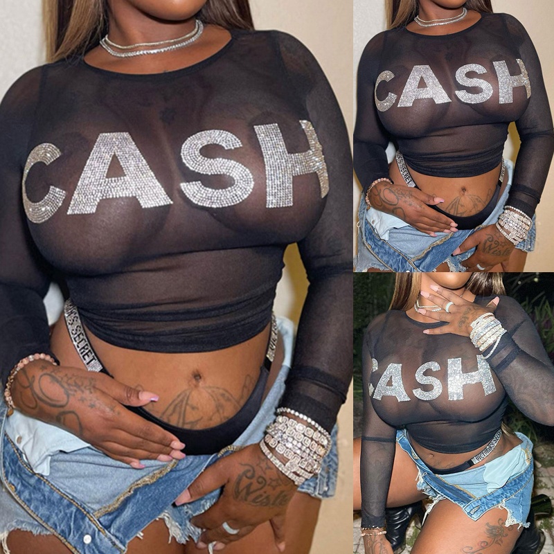 Áo Thun Crop Top Tay Dài Cổ Tròn Phối Lưới Xuyên Thấu Đính Đá Lấp Lánh Phong Cách Harajuku