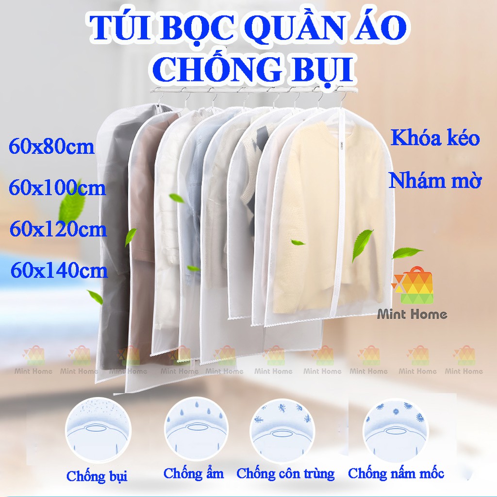 Túi bọc quần áo treo tủ chống bụi loại dày, có khóa kéo, chống thấm, ẩm mốc, đa năng